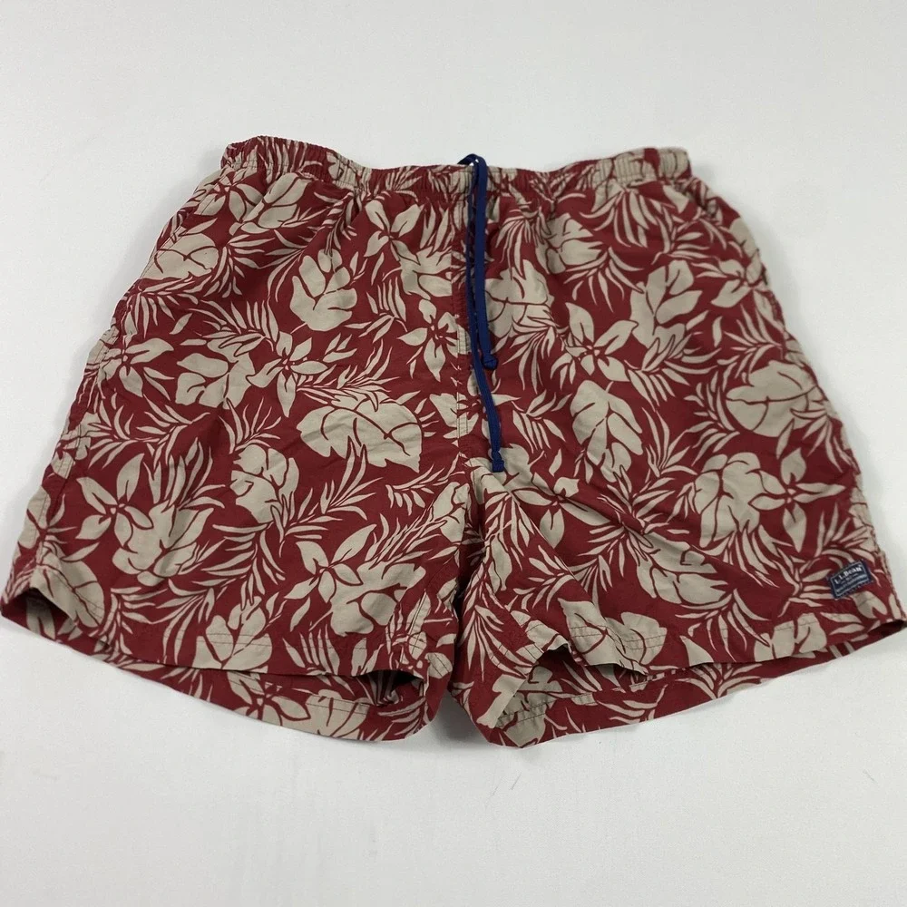 L.L.Bean Swim Trunks Shorts Mens Red Floral Hawaiian Mesh Liner Drawstring Aloha